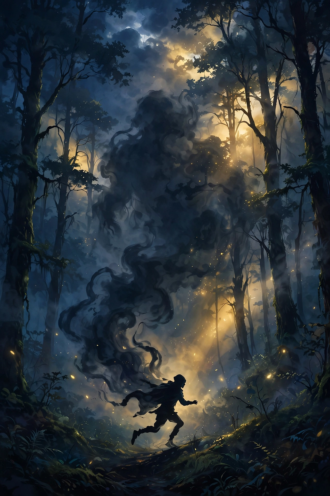 Dream meaning of being chased - silhouetted figure running through a dark forest