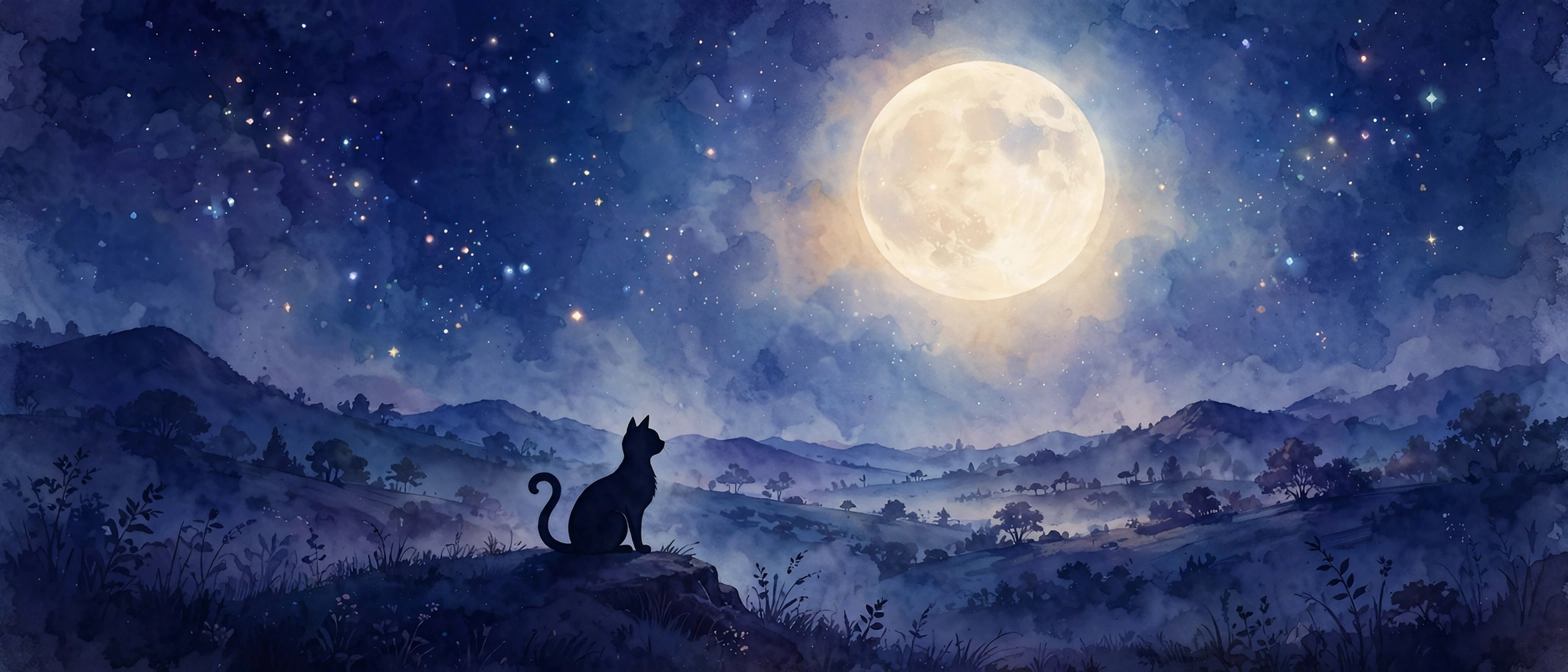 Black cat silhouette beneath a full moon in a starry night sky