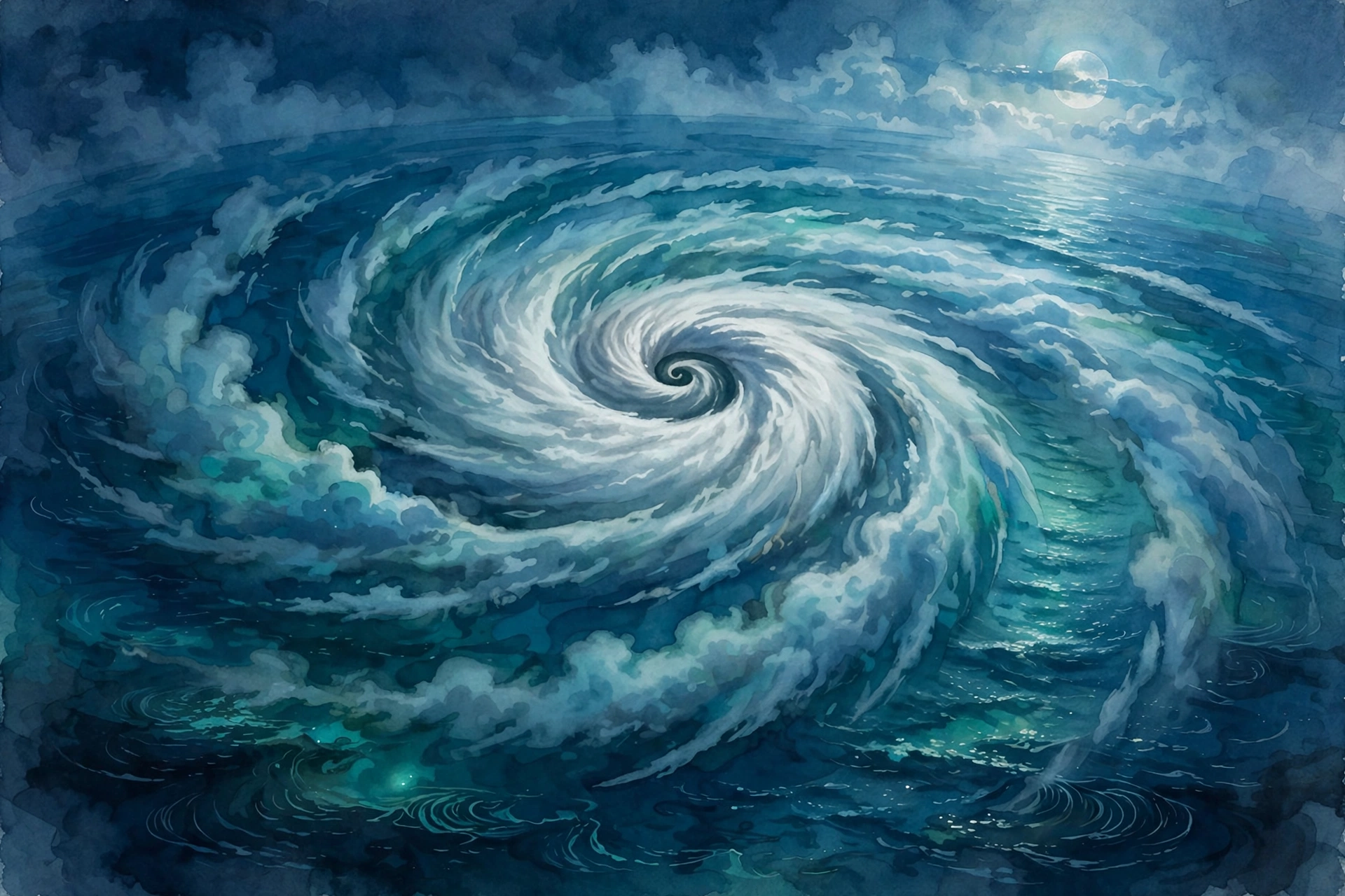 Moonlit hurricane spiral over dark ocean waters, dreamlike illustration