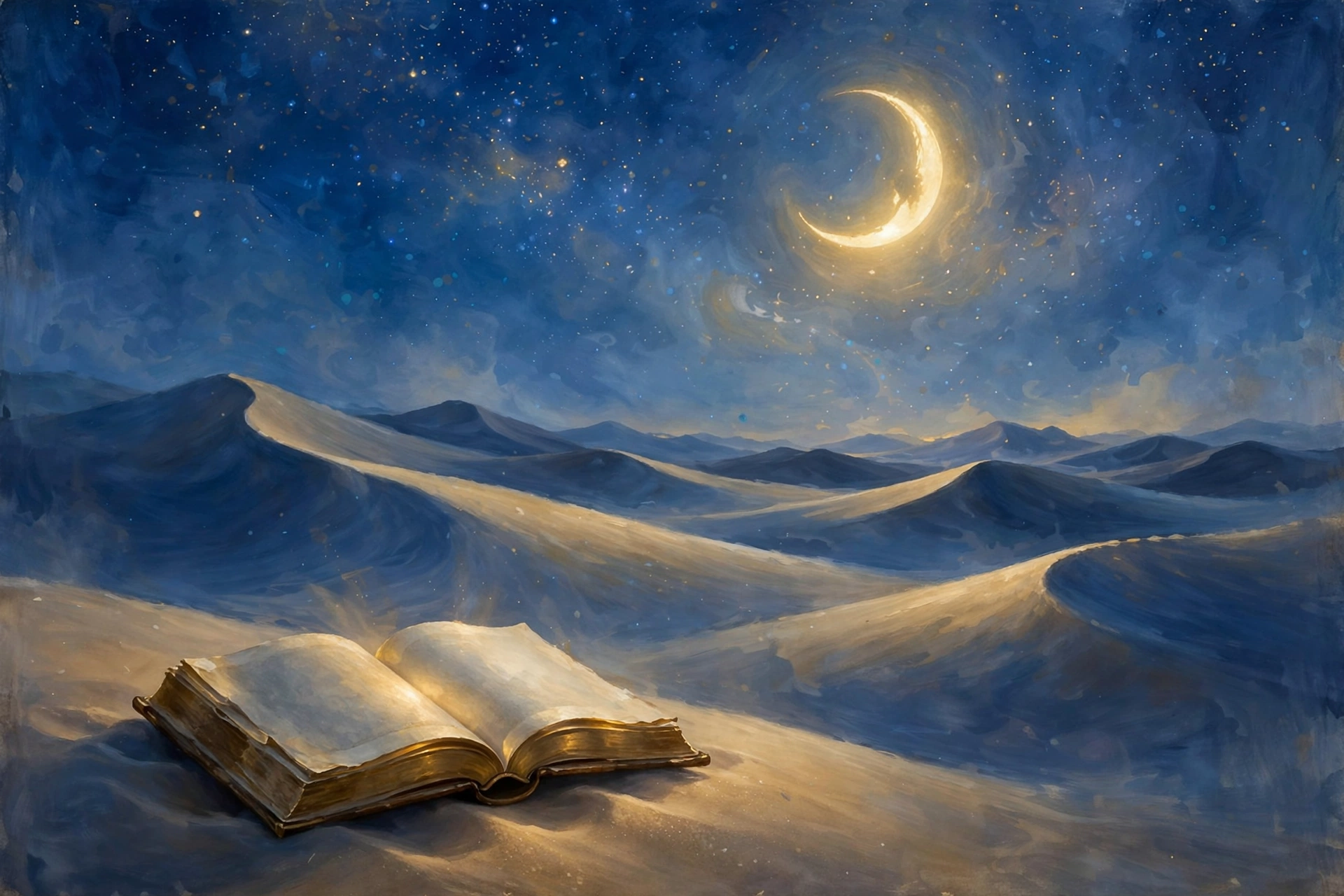 Open book beside a crescent moon over desert dunes at night