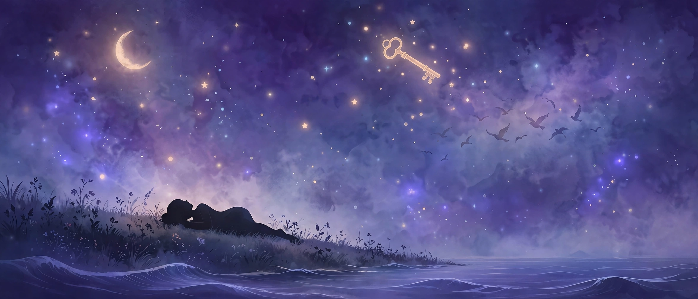Dreamy night sky illustration with a sleeping figure floating among stars