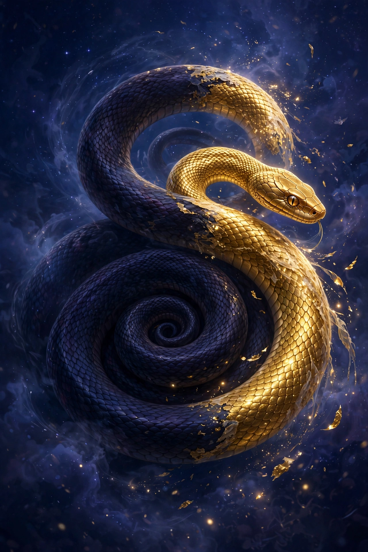 Dream meaning of snakes - snake shedding golden skin in a starry dreamscape