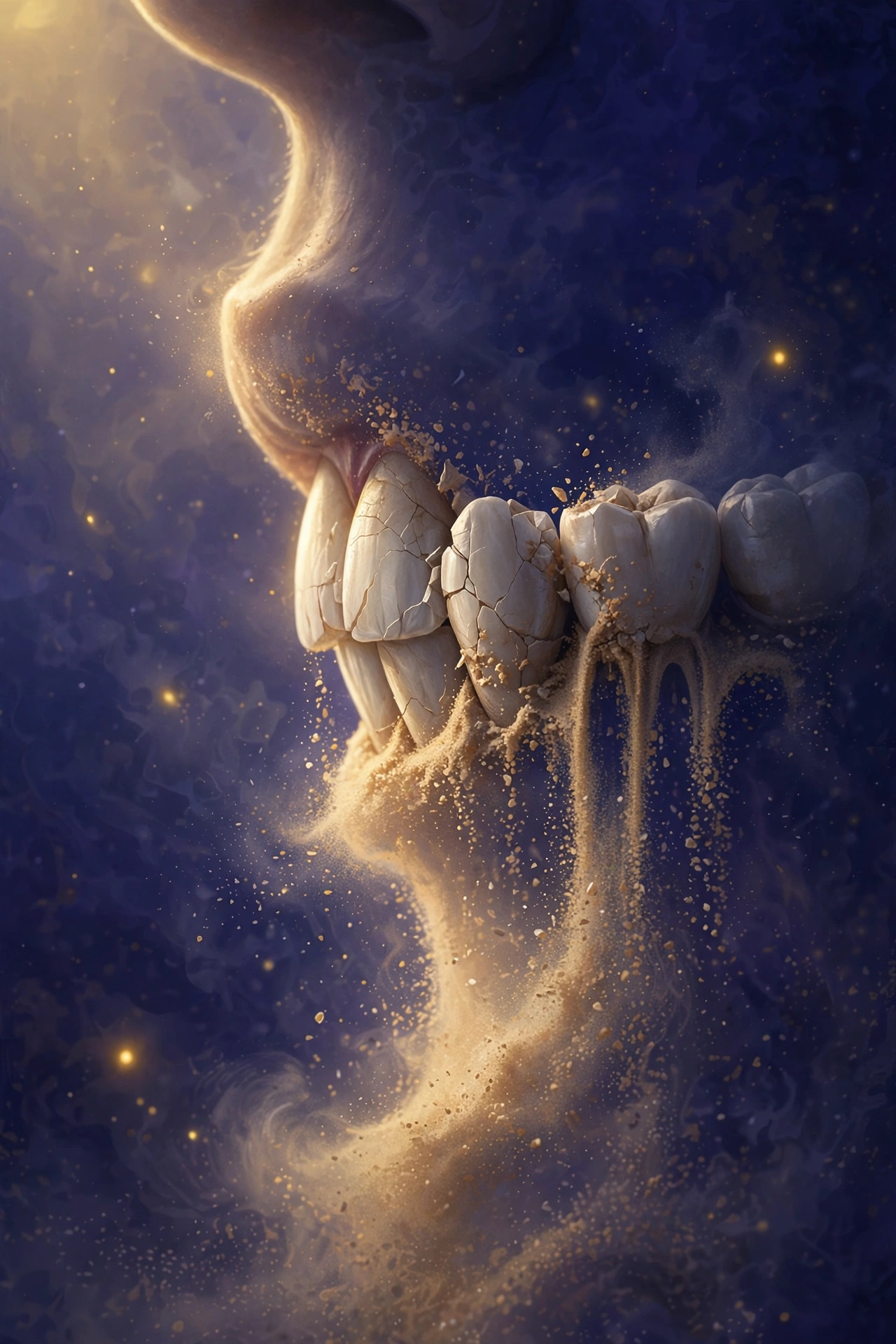 Dream meaning of teeth falling out - surreal illustration of teeth crumbling