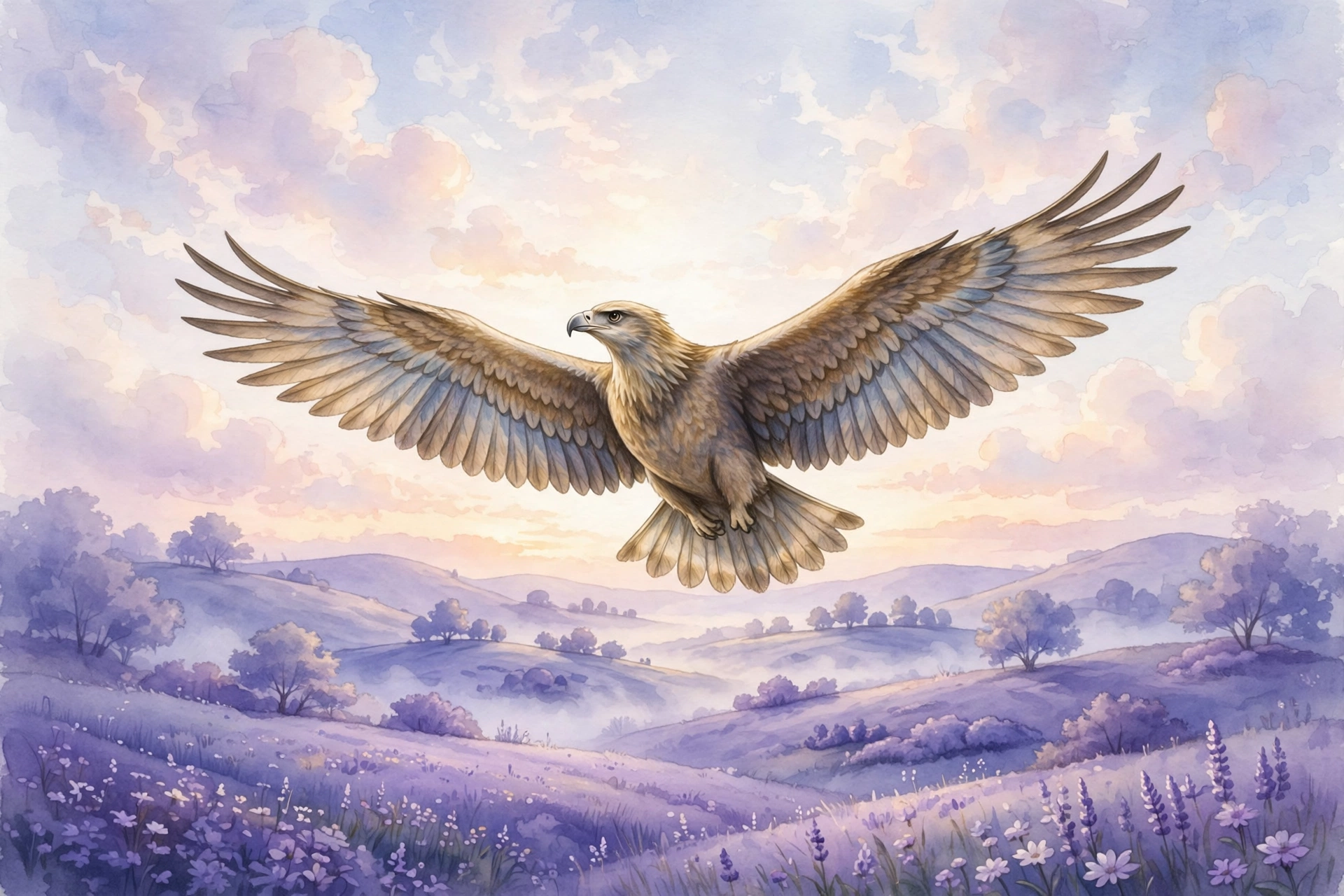 A large bird in flight over a violet landscape at dawn