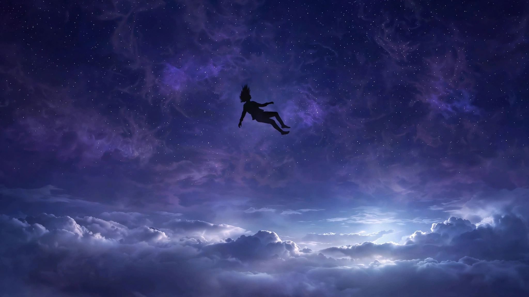 Falling dream meaning: dreamer silhouette falling through a starry night sky above the clouds