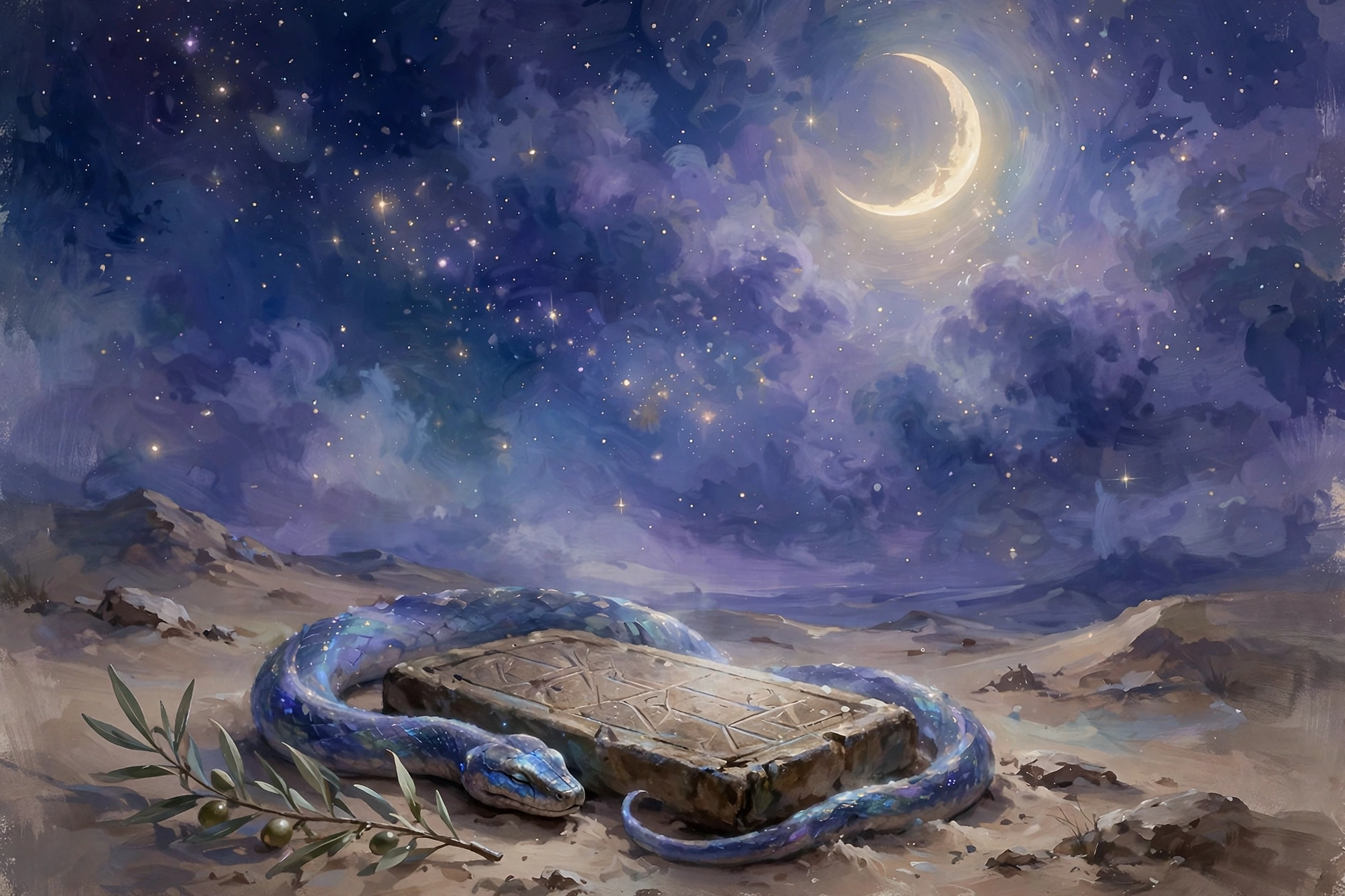 Biblical meaning of snakes in a dream: serpent coiled near ancient stone tablets under a starry night