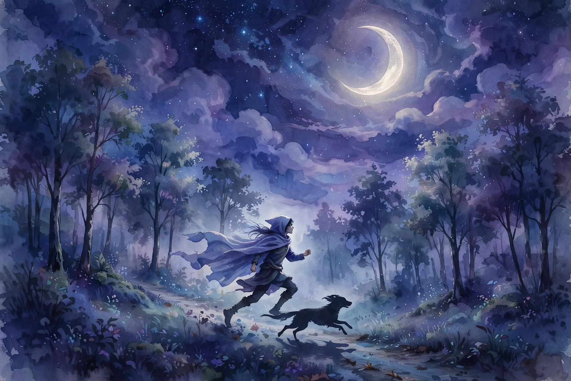 Being chased by a dog in a dream: running down a moonlit forest path
