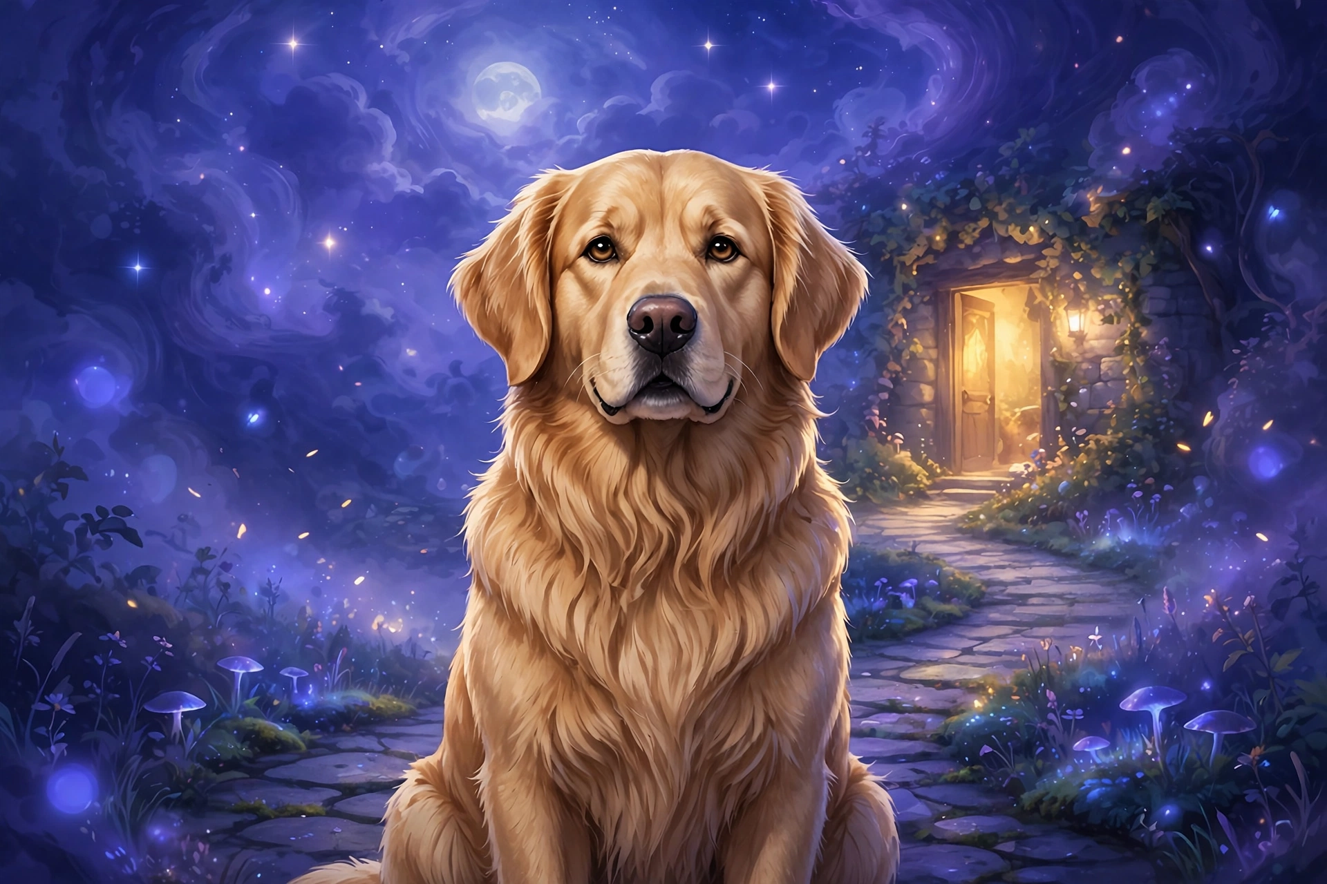 Dog dream meaning illustration: large loyal dog under an indigo night sky by a lit doorway
