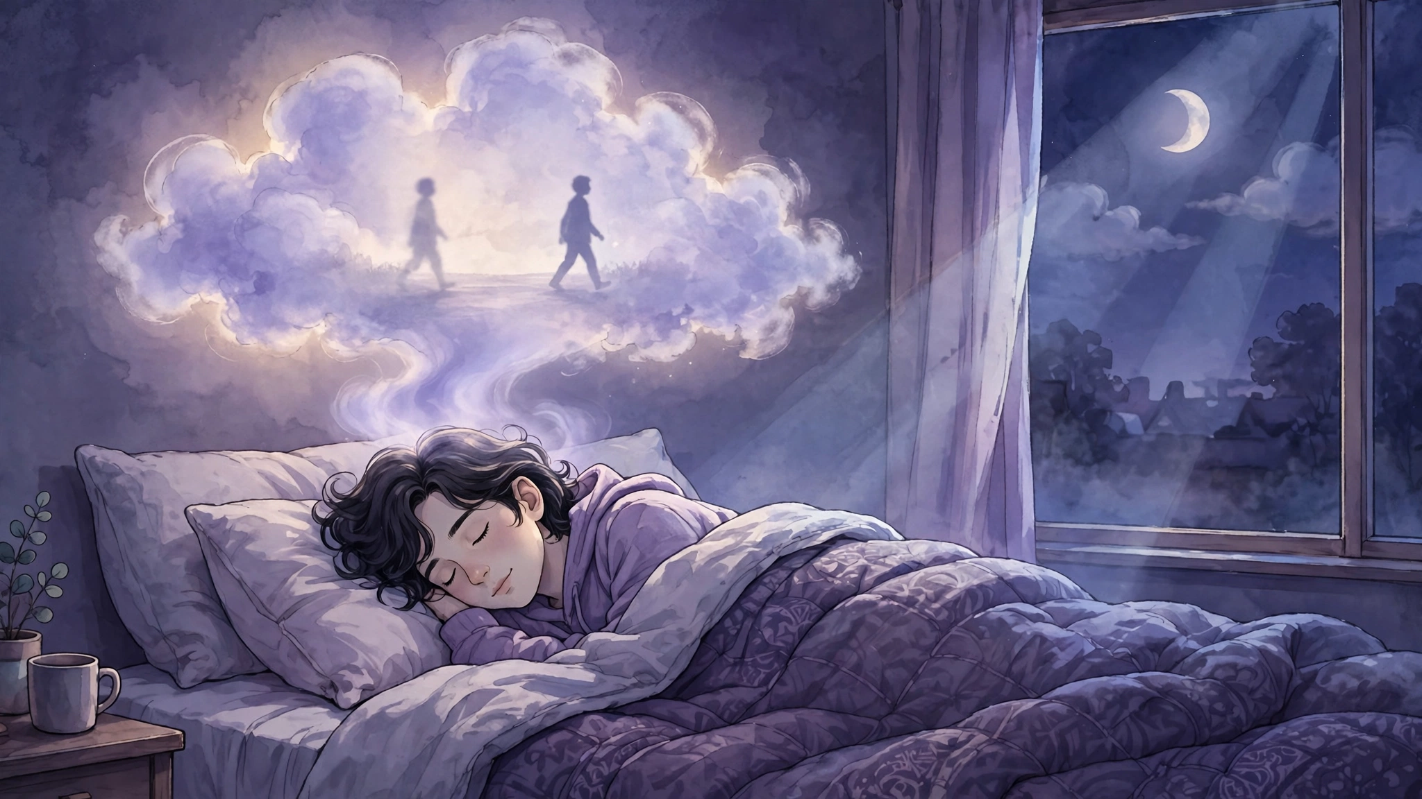Dreaming about an ex: a sleeper under moonlight with a soft dream cloud, illustration