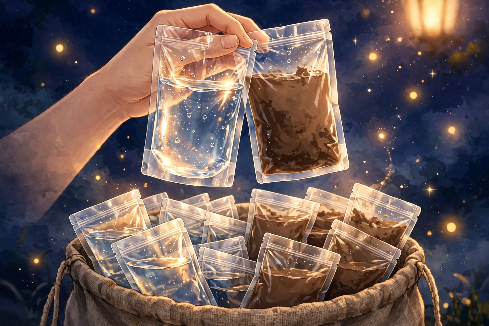 One clear pouch of drinking water held beside one pouch of muddy brown water above a bag of mixed pouches, from Dream Case Files #10
