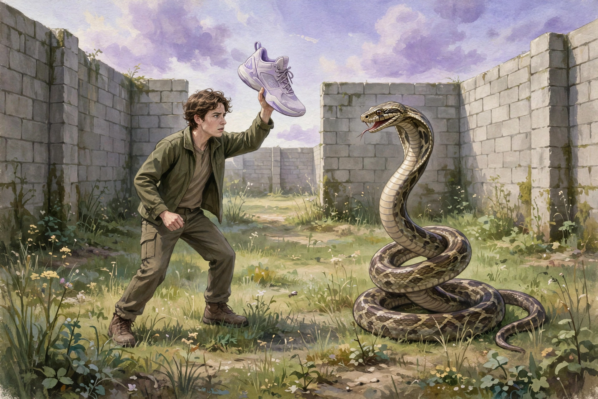A snake rearing up to strike in an unfinished walled yard, from Dream Case Files #2