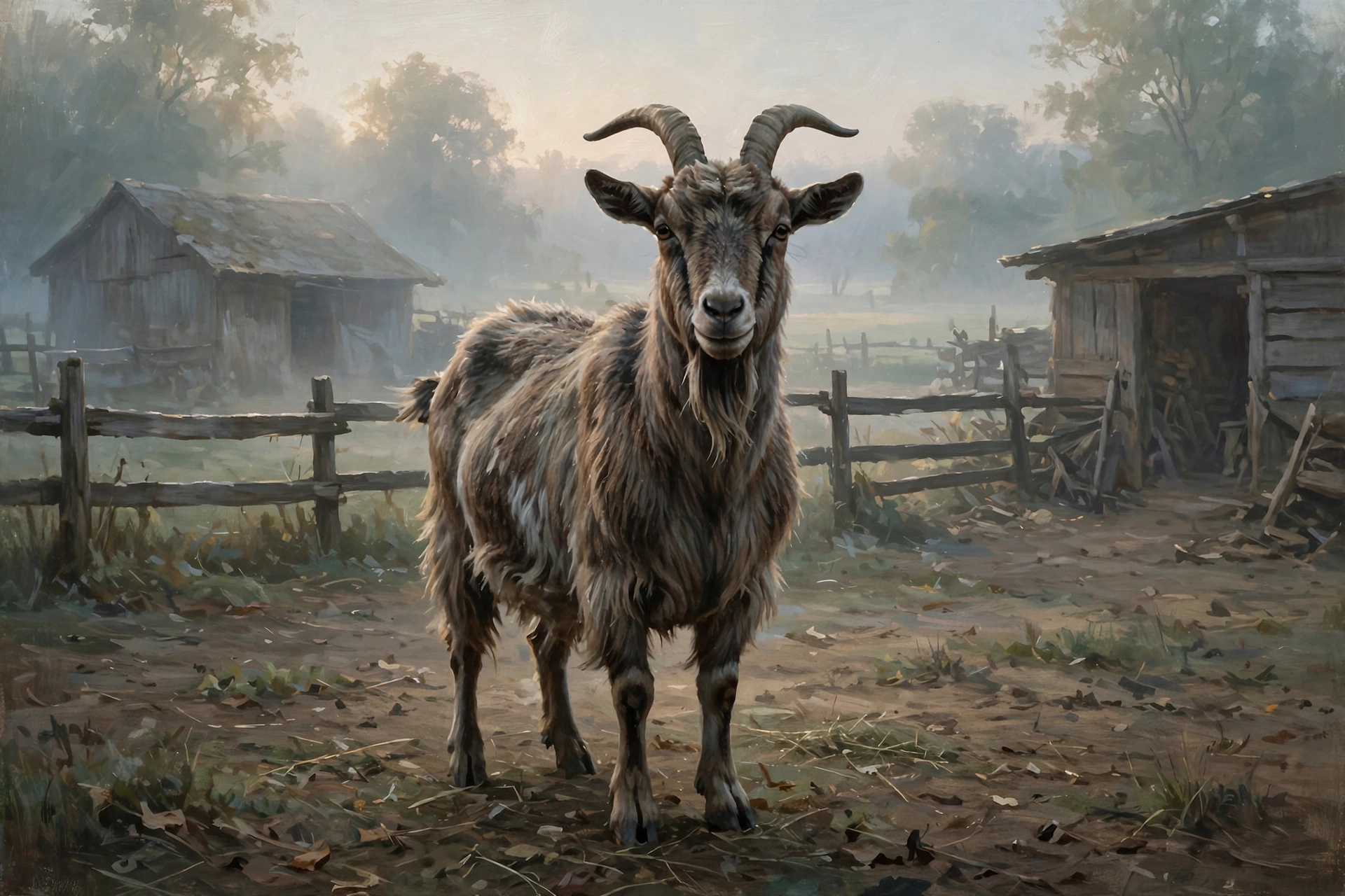 A goat standing in a quiet farmyard at dawn, from Dream Case Files #3