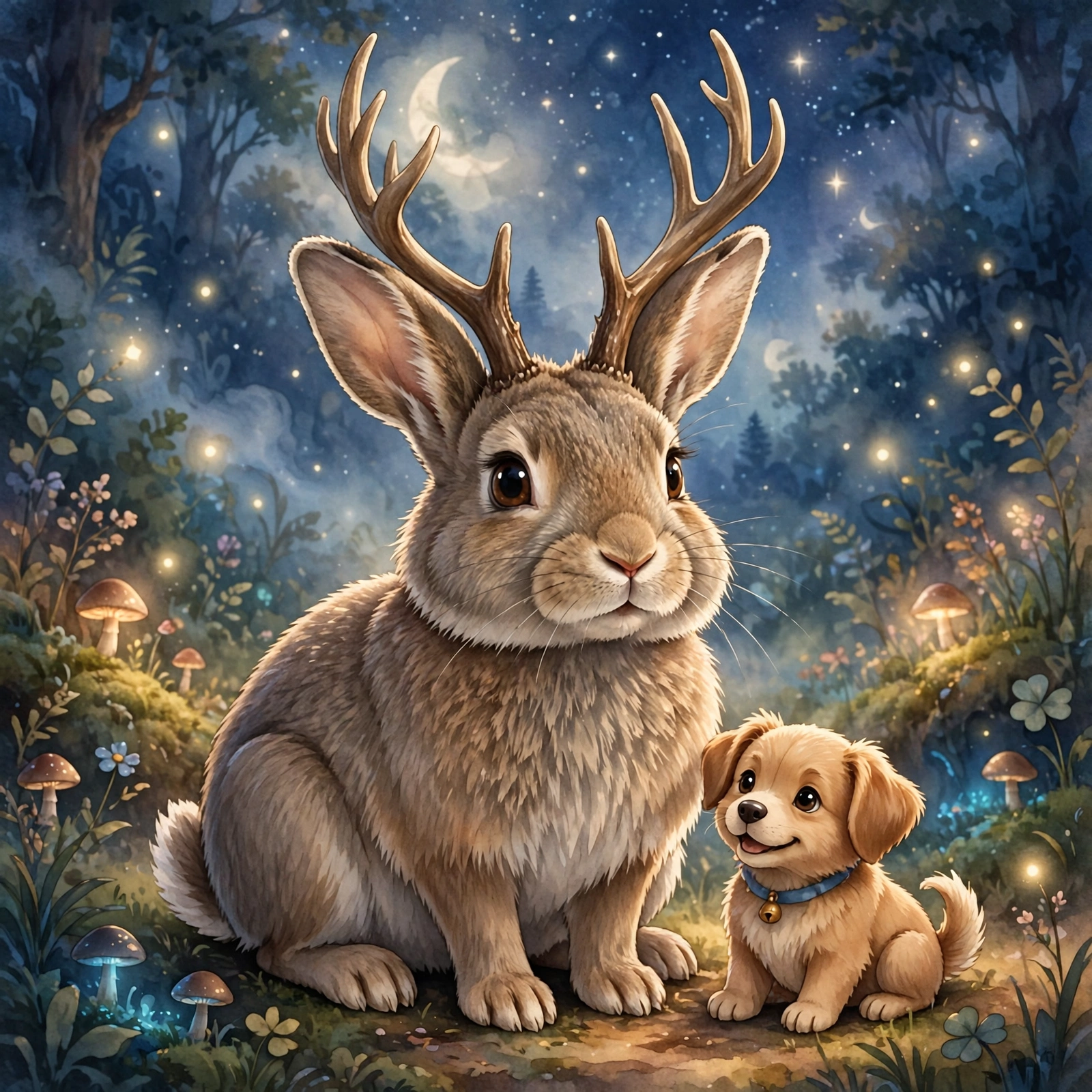 A jackalope with a small dog beside it under starlight, from Dream Case Files #4