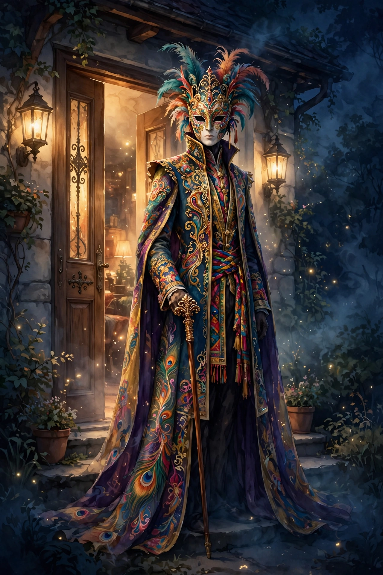 A masquerade figure with a cane at a house door at night, from Dream Case Files #5