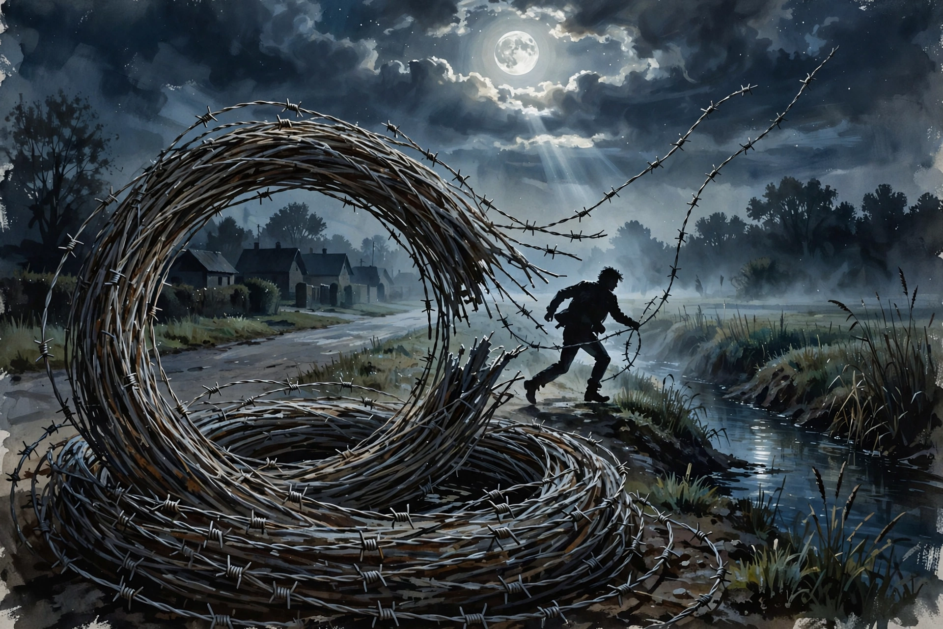 A coiled wire and a man breaking free on a night street, from Dream Case Files #6
