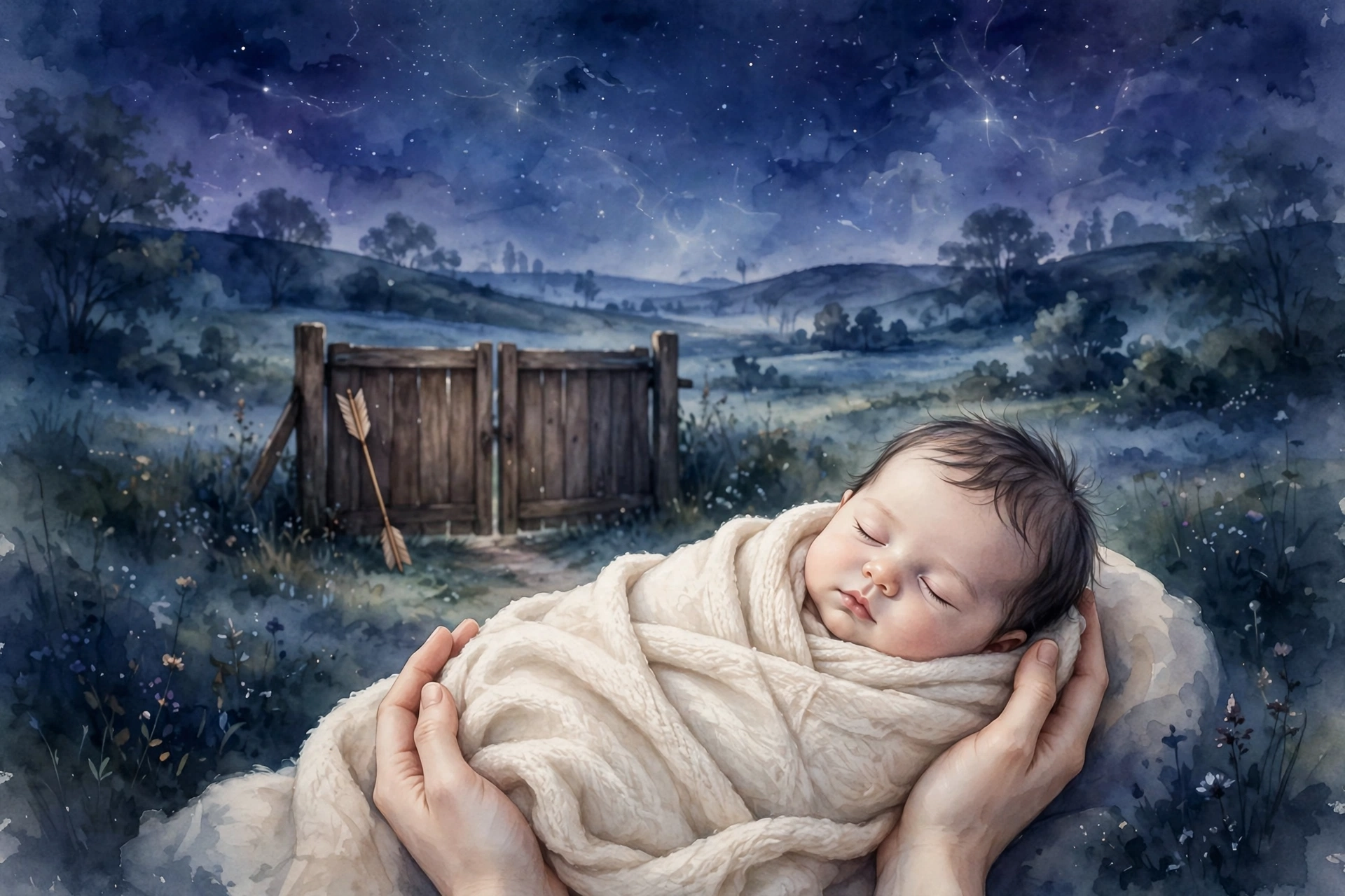 A sleeping baby wrapped in a cream blanket in gentle hands, with a closed wooden gate and an arrow behind, from Dream Case Files #7
