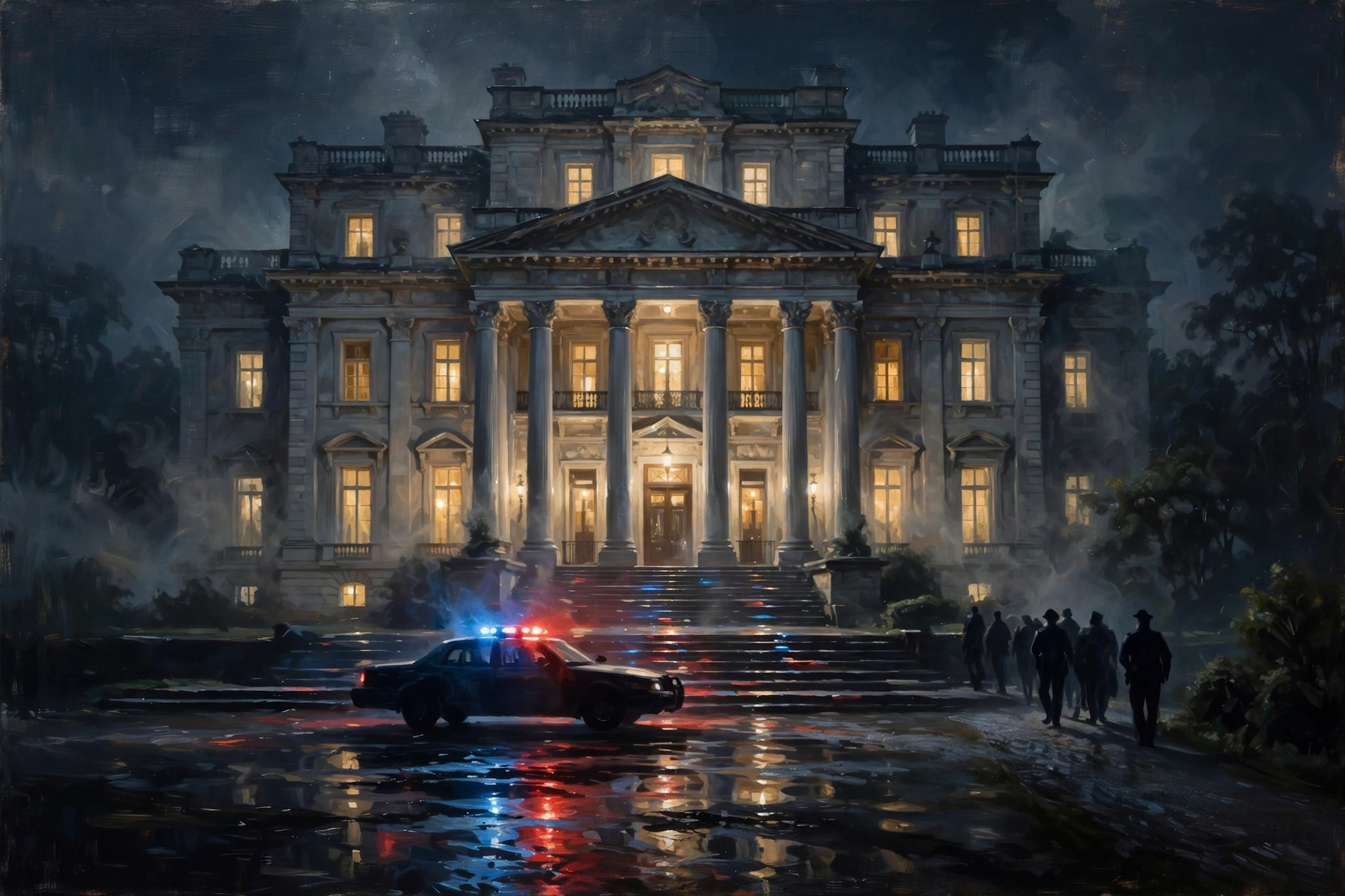 A grand mansion at night with warm lit windows and a police car with red and blue lights in front, from Dream Case Files #8