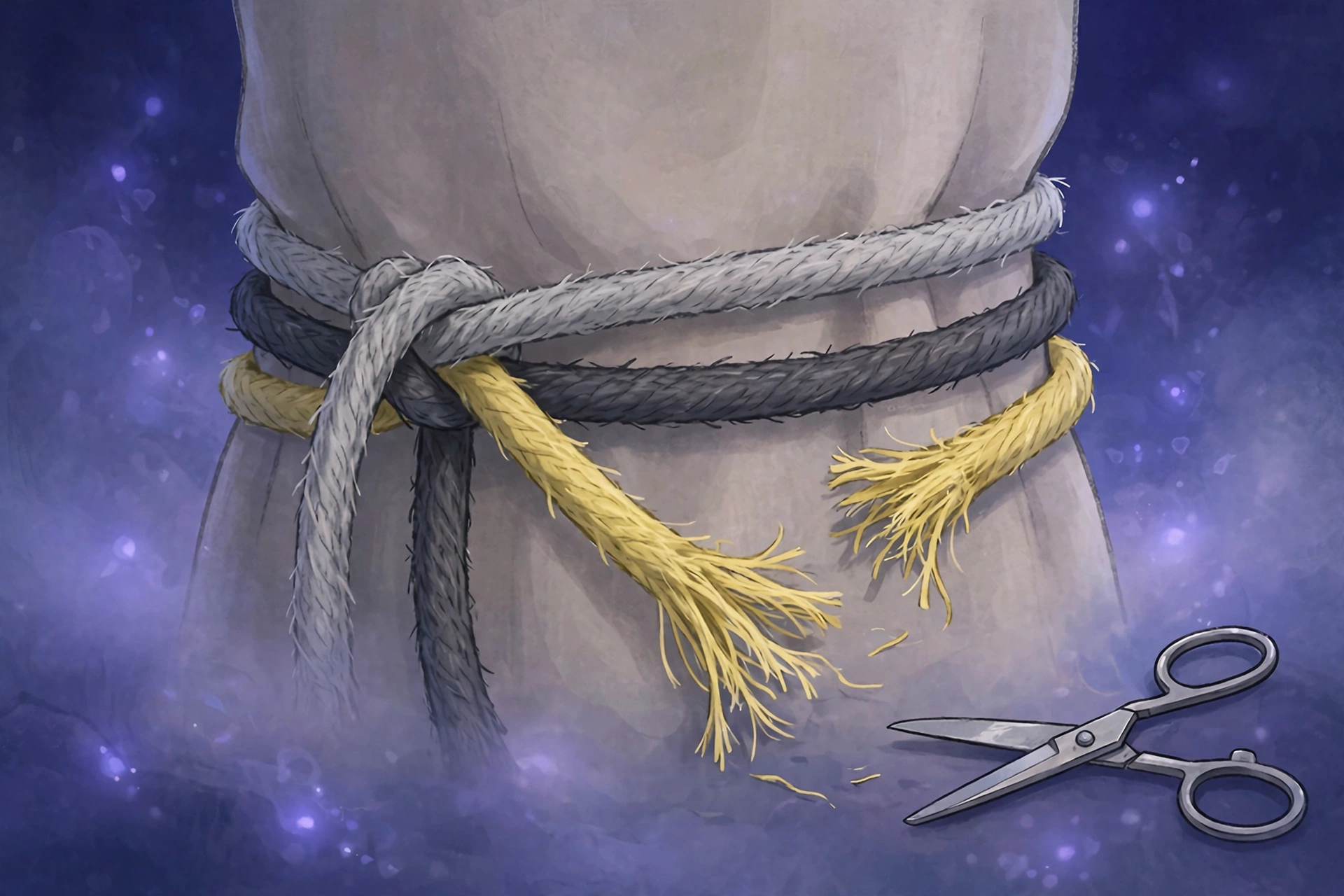 Three cords in light grey, dark grey and yellow tied around a waist, one freshly cut, from Dream Case Files #9