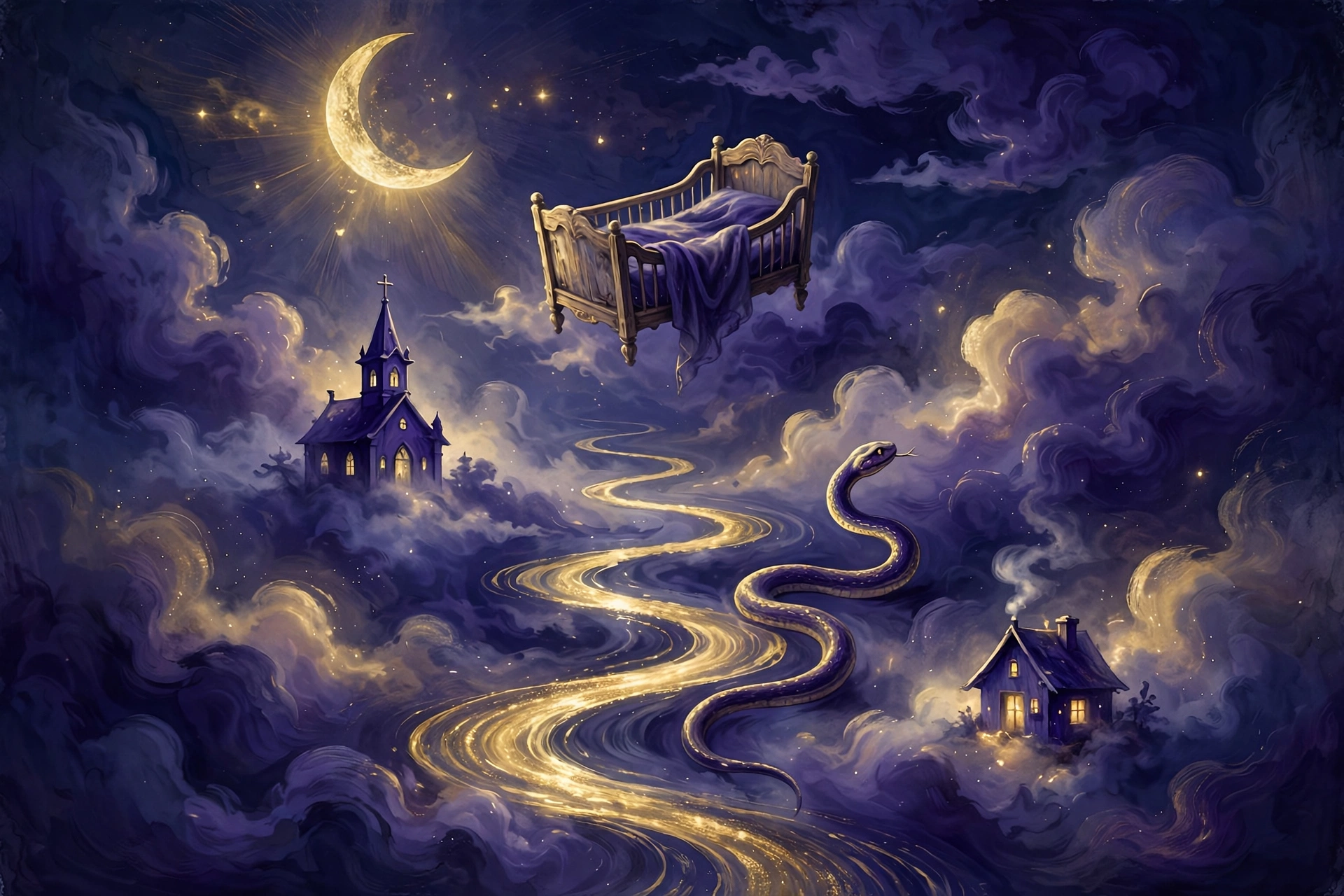 Dreamy night-sky illustration of floating dream symbols — a crescent moon, cradle, church, winding river, snake and house — for the October 2026 Dream Trends report