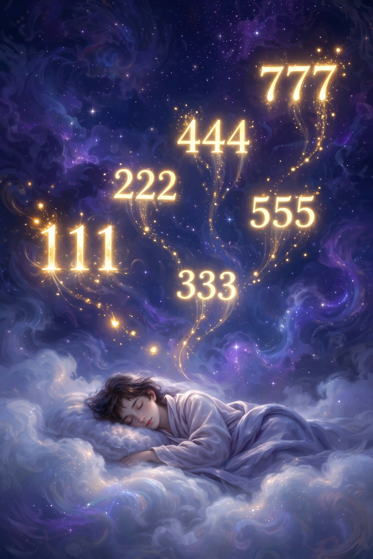 Glowing angel numbers 111, 222, 333, 444, 555 and 777 floating above a sleeping figure in a dreamy night sky