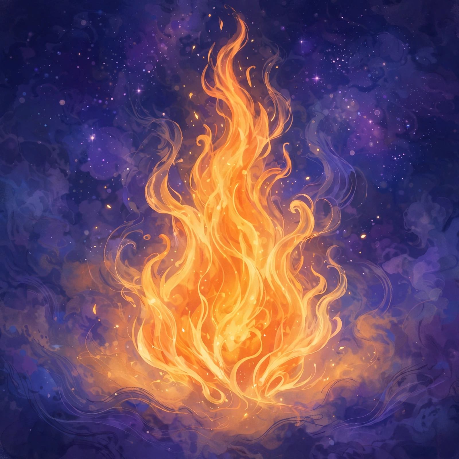 Fire dream meaning illustration: large glowing flame against an indigo night sky