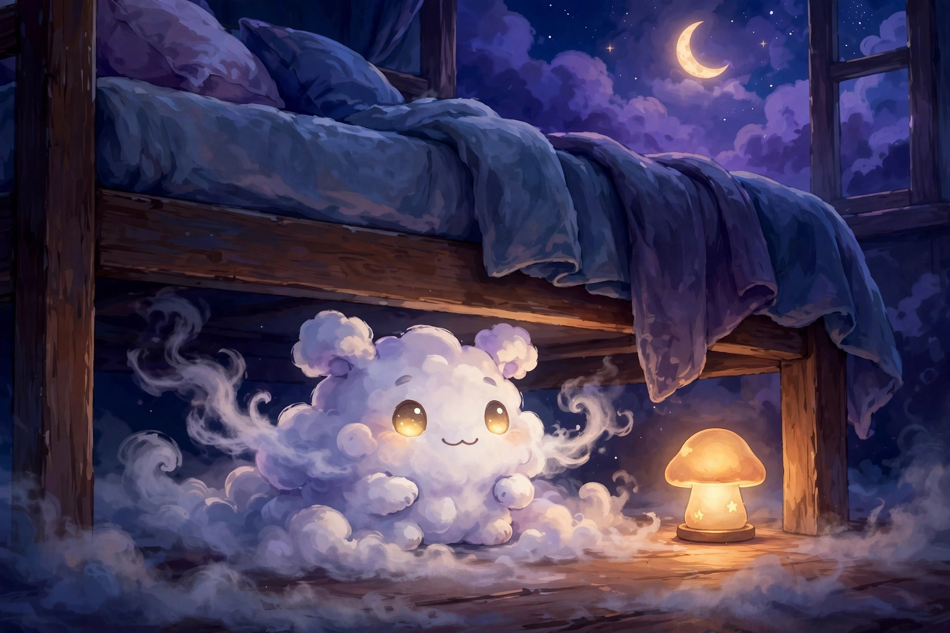 Child dreams about monsters: friendly cloud creature under a bed with a warm nightlight