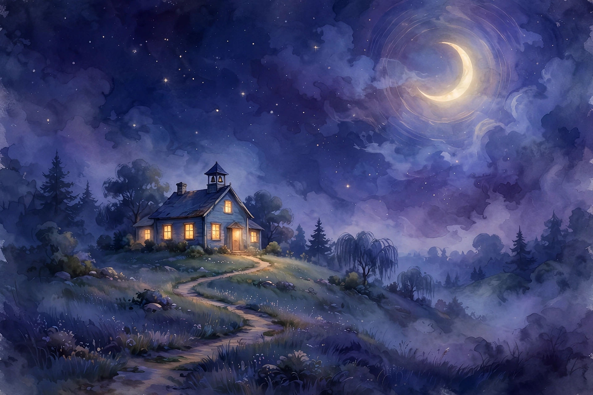 Child dreams about school: moonlit schoolhouse on a hill with warm lit windows