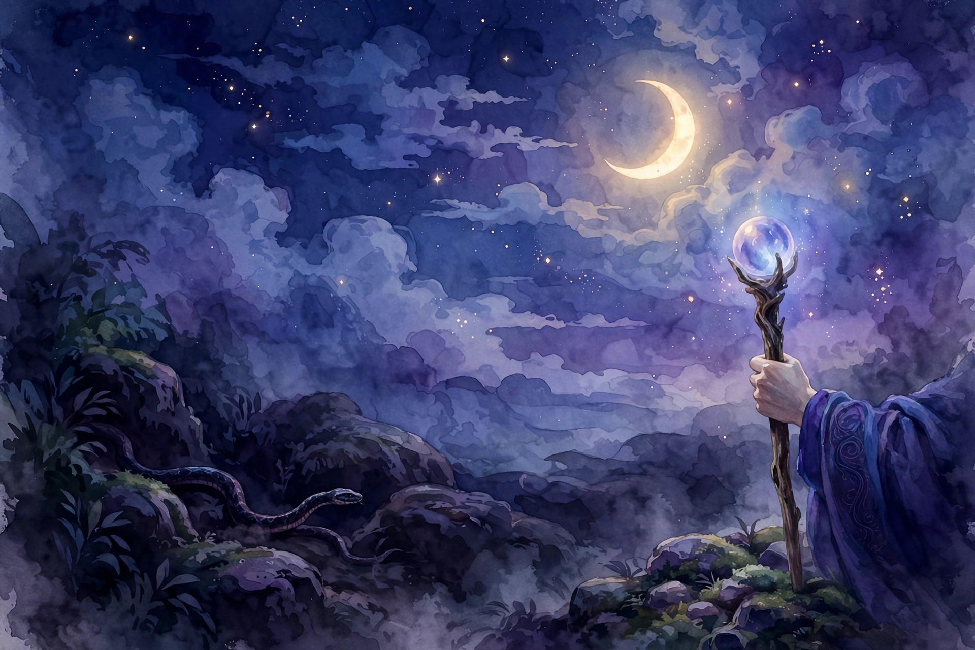 Dream of killing a snake: snake retreating into shadows, moonlit triumph