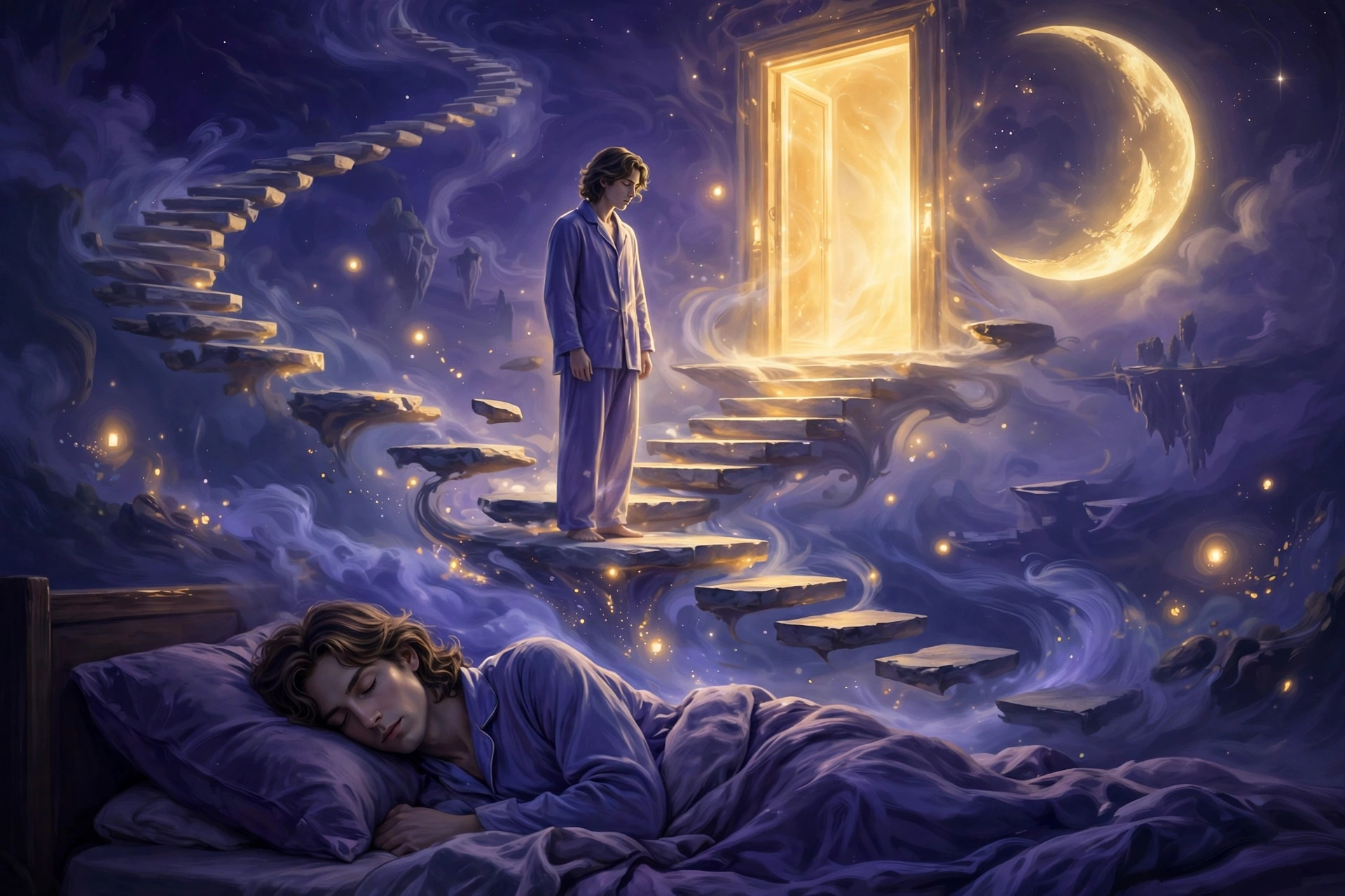Lucid dreaming illustration: a sleeper in bed below their dream self standing on floating stairs before a glowing door and crescent moon