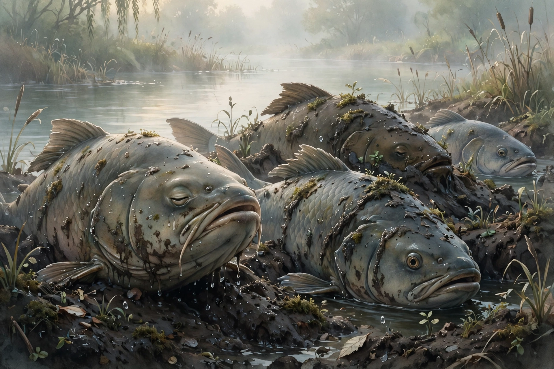 Very large fish rising out of dark mud at a river bank, from Dream Case Files #11