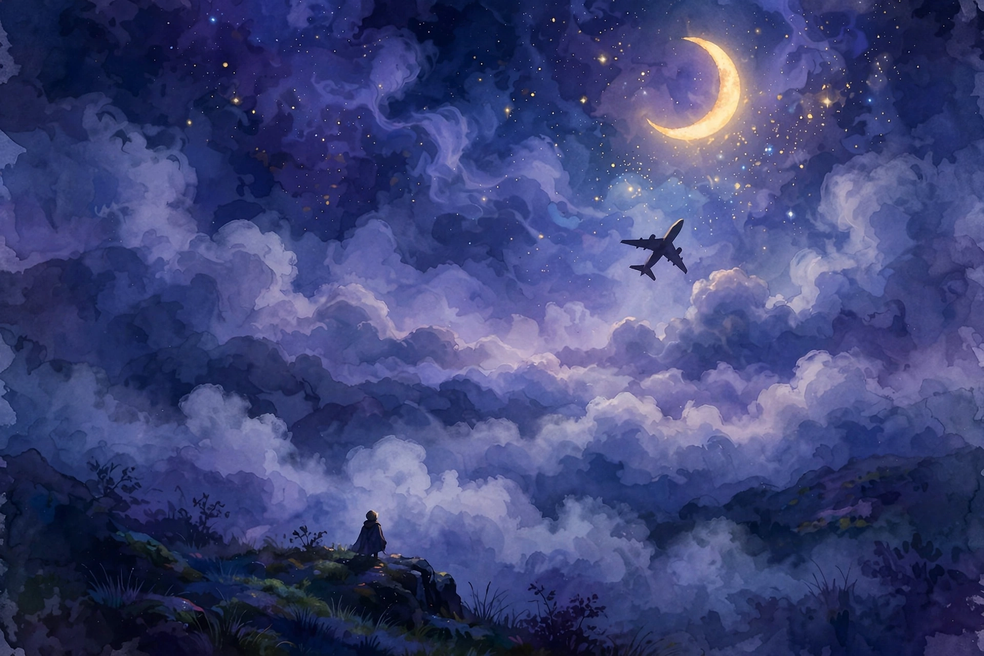Missing flight dream meaning: airplane ascending into a starry sky