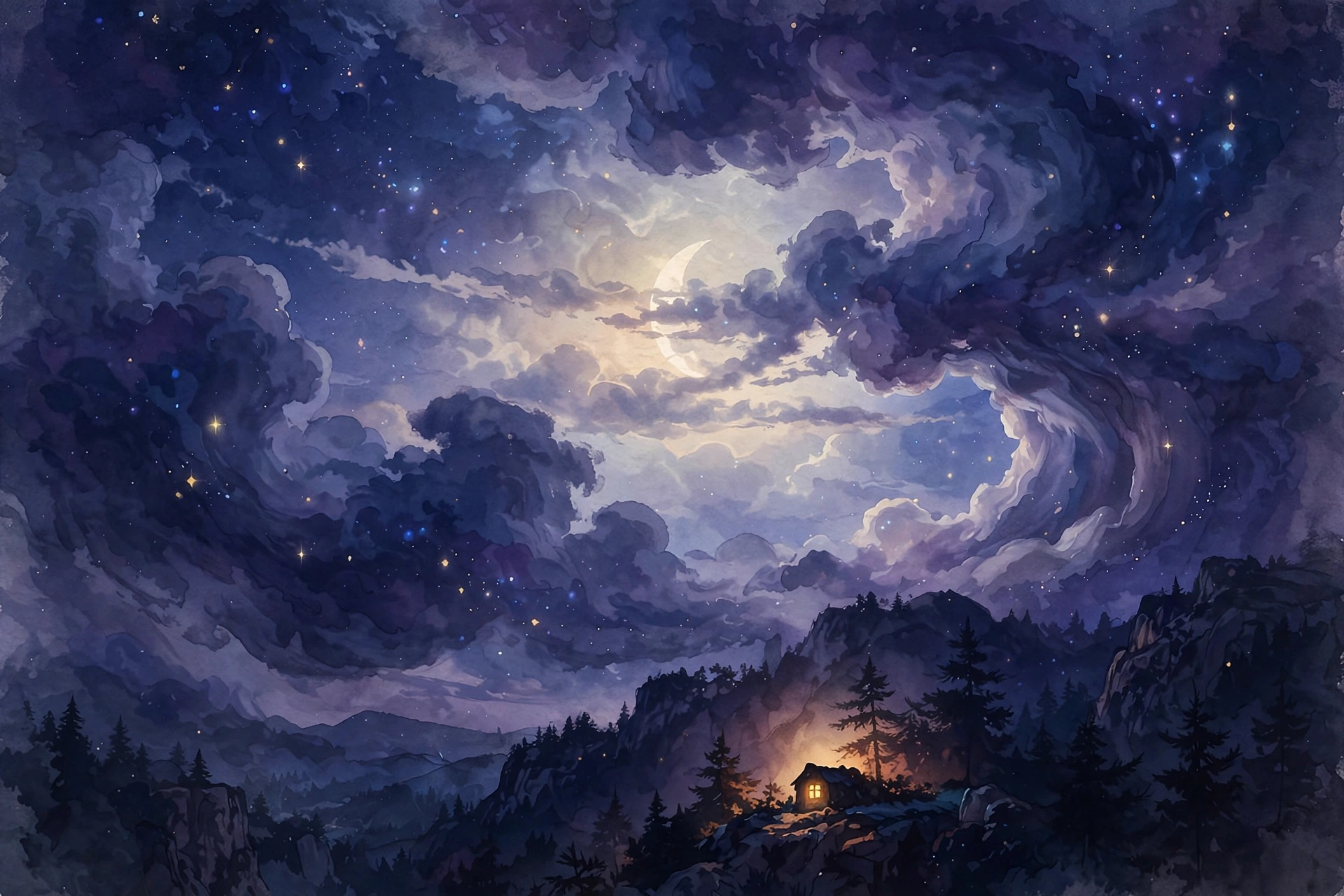Nightmares meaning: stormy night clouds parting around a warm glowing window