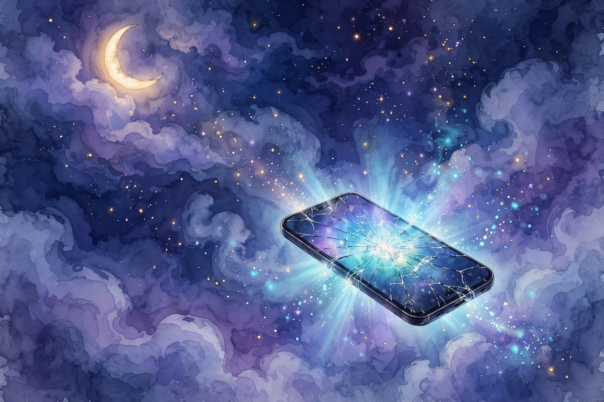 Dream about phone breaking: cracked glowing smartphone among stars