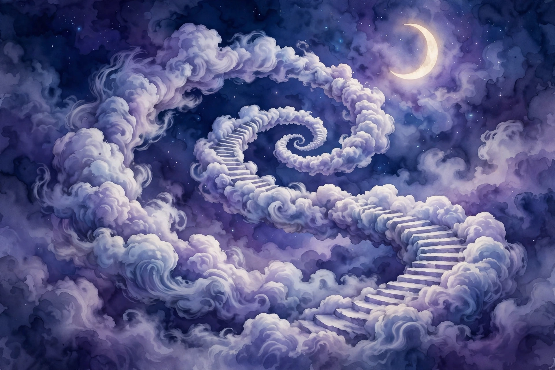 Recurring dreams meaning: endless spiral staircase of clouds under the moon