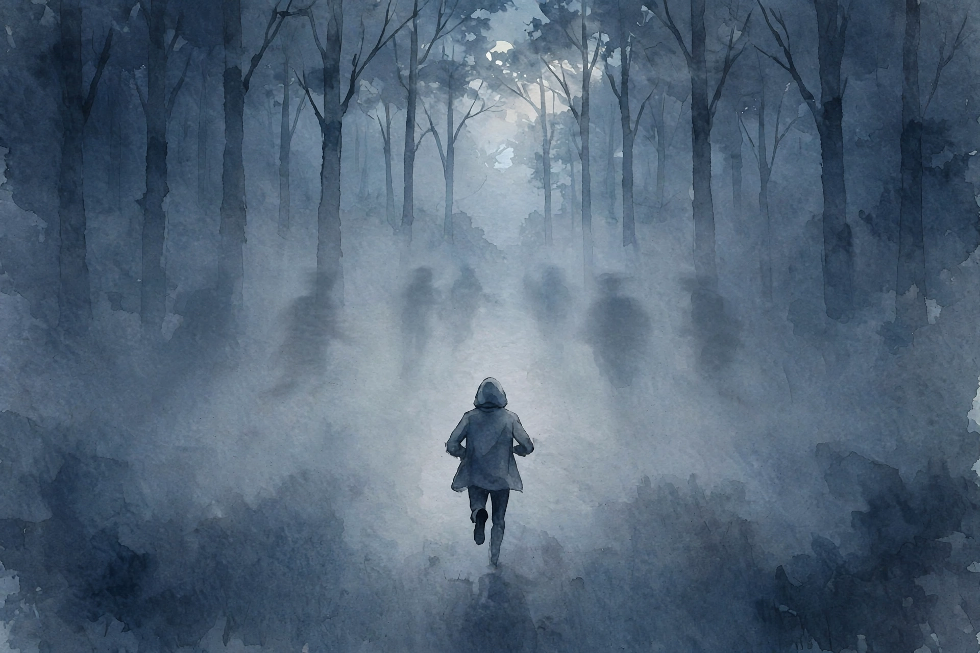 Being chased in a nightmare: running figure on a moonlit path with looming shadows