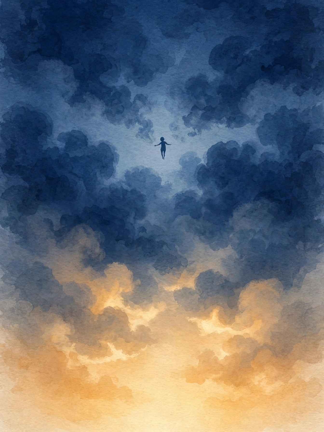 Biblical meaning of falling in a dream: figure falling through night clouds toward light