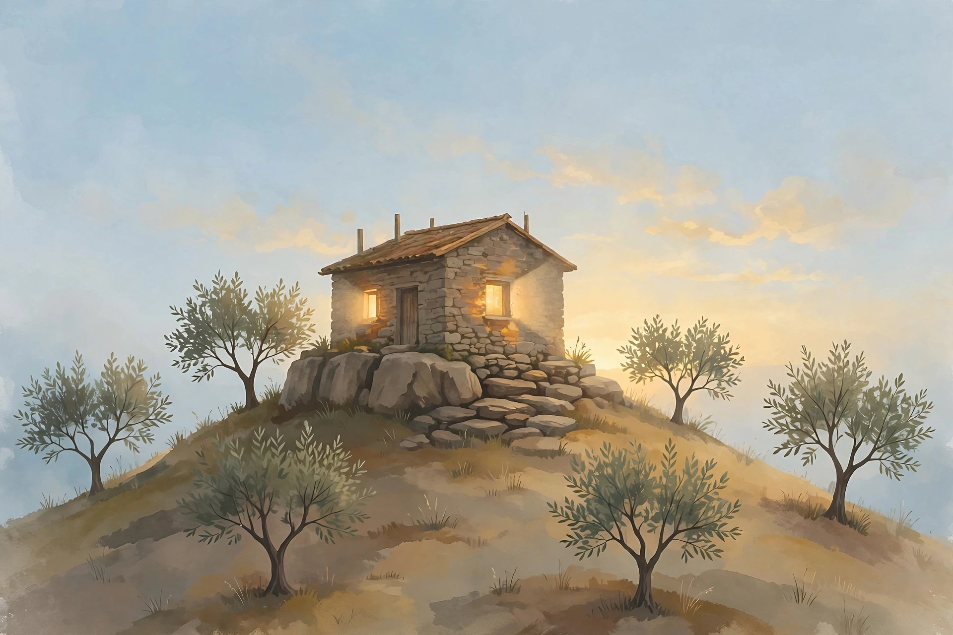 Biblical meaning of a house in a dream: ancient stone house with warm windows at night