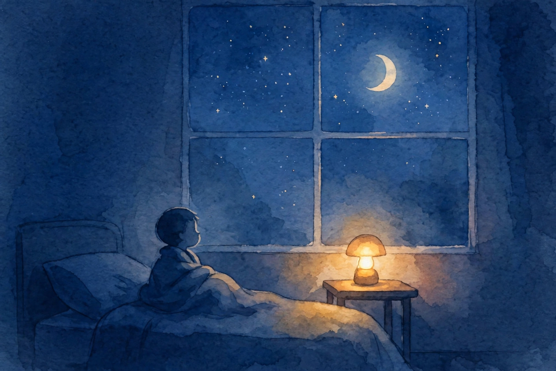 Why kids get nightmares: a child sleeping peacefully under a warm nightlight moon