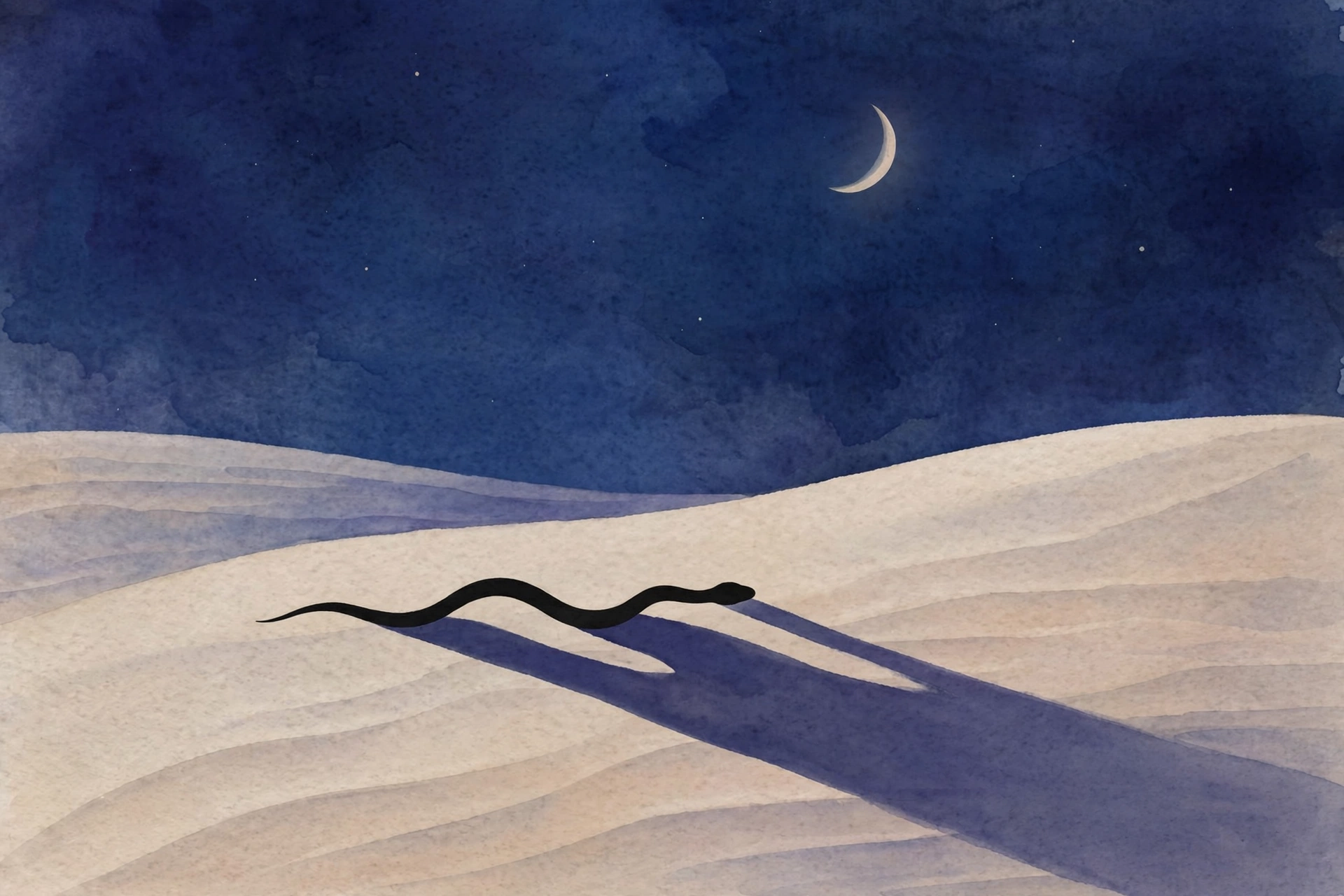 Islamic meaning of snakes in dreams: serpent under a crescent moon in the desert night