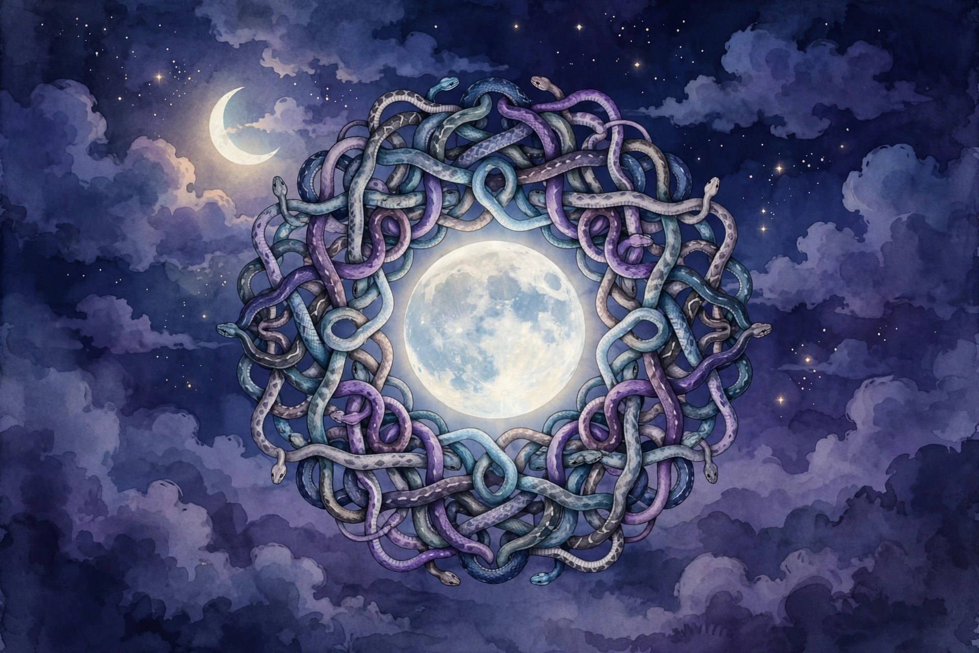 Snake dreams hub: snakes woven into a mandala around a full moon
