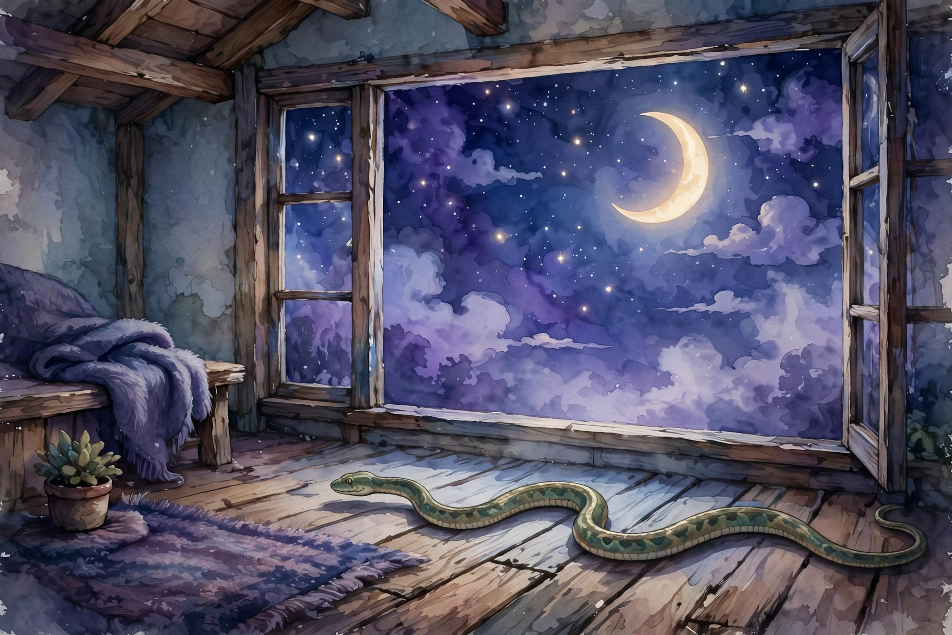 Dream of a snake in your house: snake sliding across a moonlit house floor
