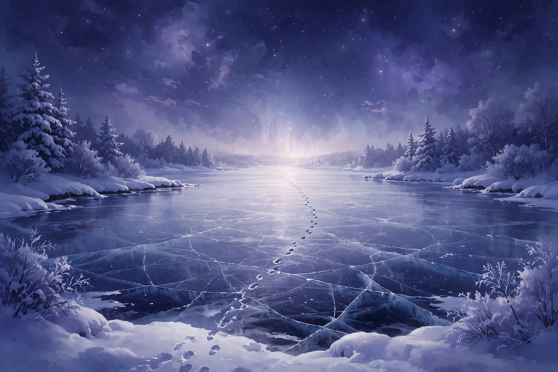 Snow and ice dream meaning illustration: frozen lake under night sky