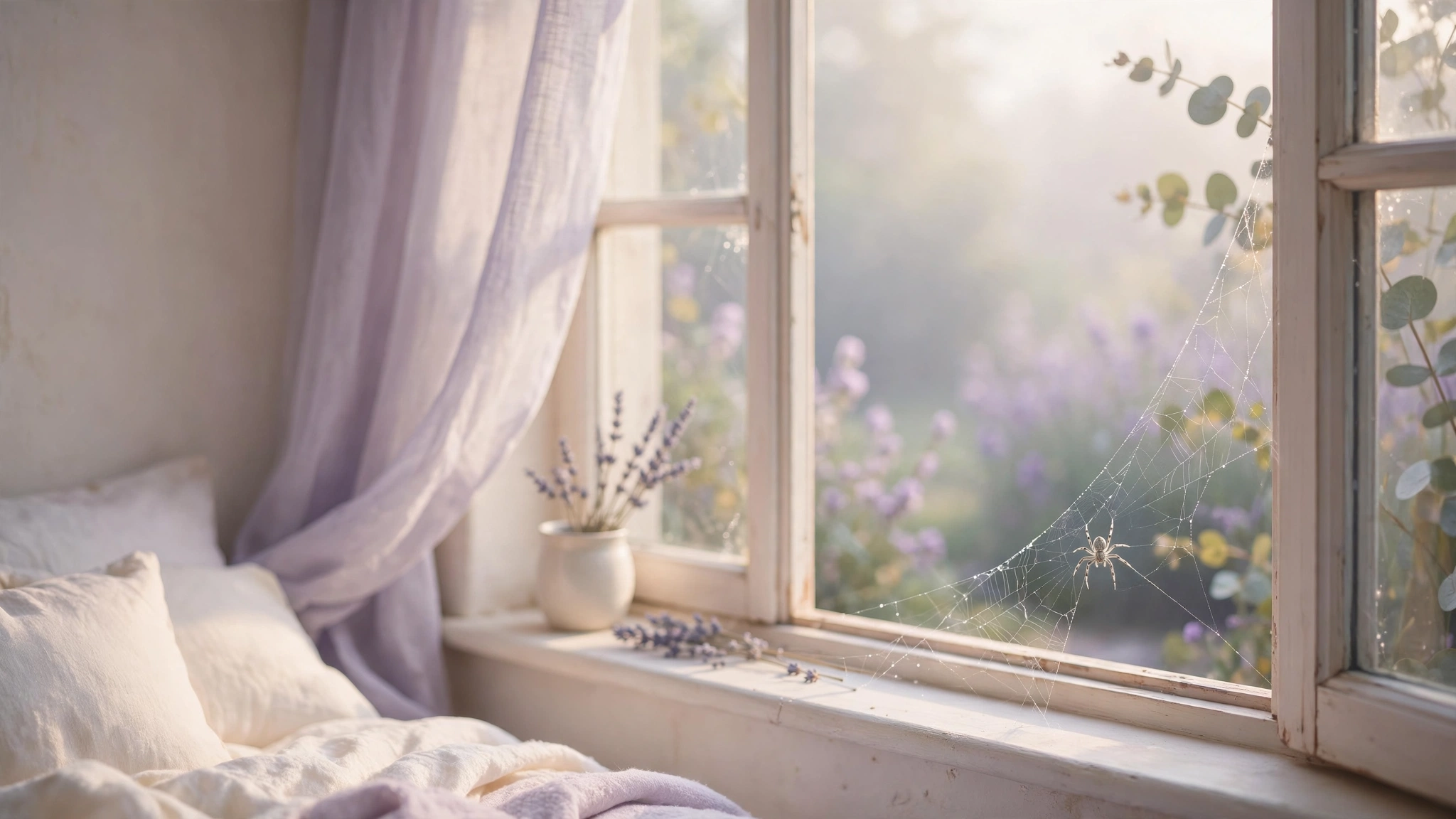 Small spider on a web beside a bedroom window in soft morning light