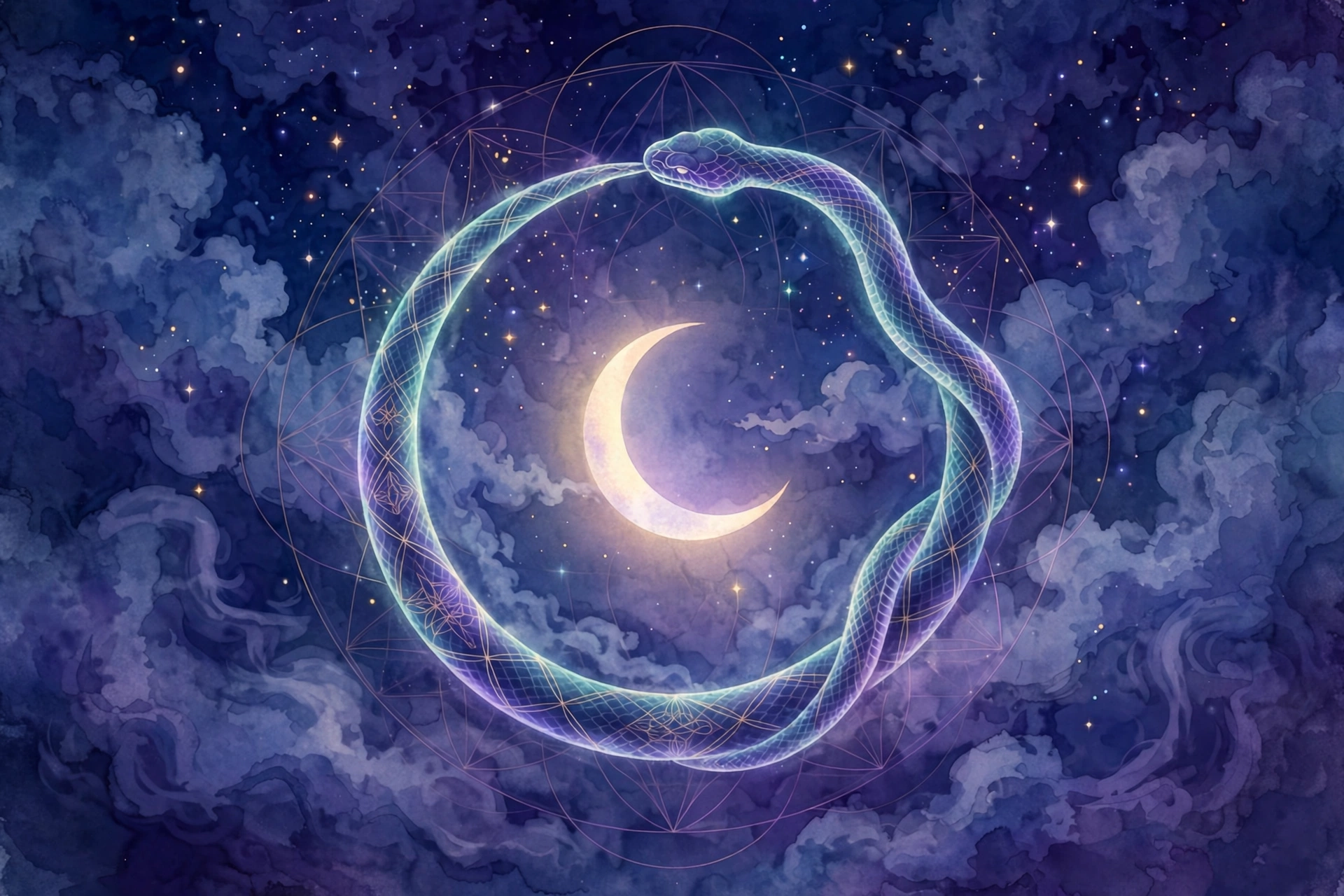 Spiritual meaning of snakes in dreams: ouroboros serpent around a crescent moon