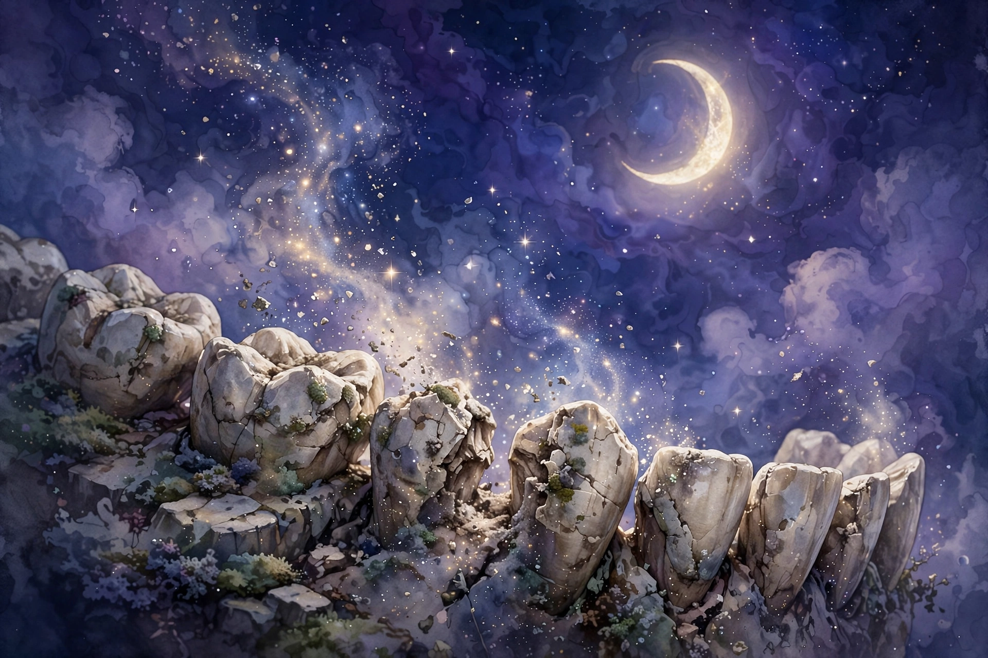 Teeth crumbling dream meaning: crumbling stone teeth dissolving into stardust