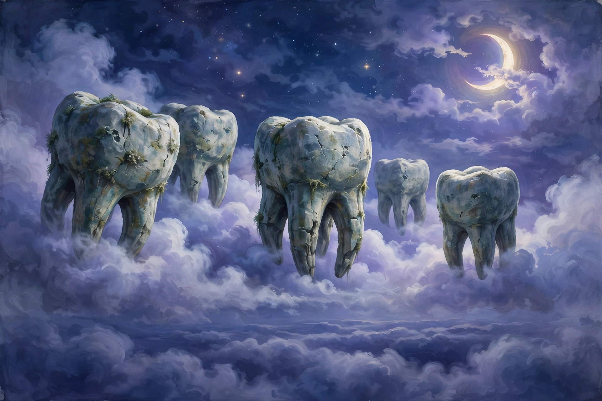 Teeth dreams hub: giant molars like ancient monuments in a cloudy night sky