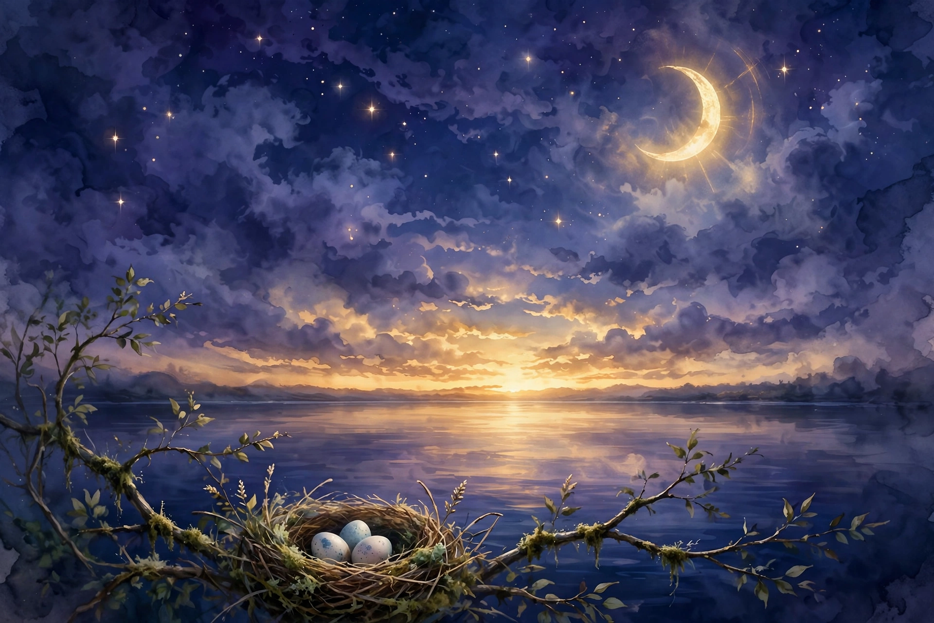 Third trimester vivid dreams: golden horizon over calm water at night
