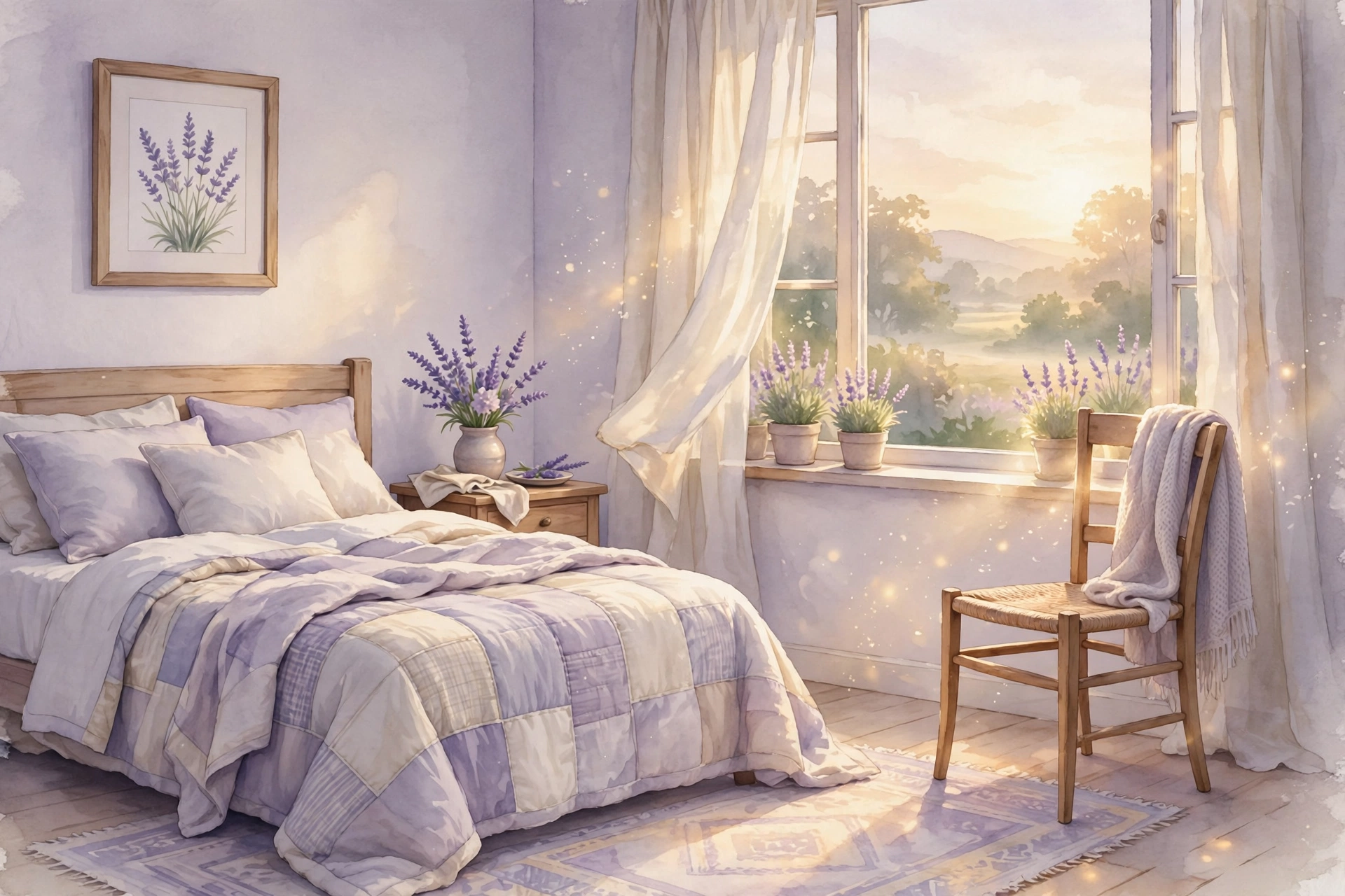 Soft dawn light in a quiet bedroom with an empty chair by the window